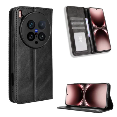 For vivo X200 Ultra 5G Leather Case Wallet Stand Retro Texture Phone Cover - Black