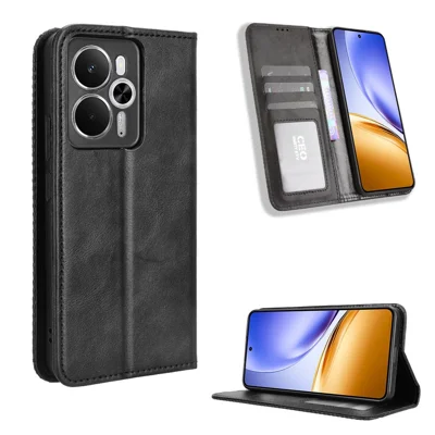 For Realme 14T 5G / Realme 14 5G Leather Case Wallet Stand Retro Texture Phone Cover - Black