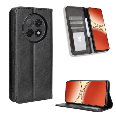 For Oppo A5 Pro 5G (China) / Oppo F29 Pro 5G (Global) Leather Case Wallet Stand Retro Texture Phone Cover - Black
