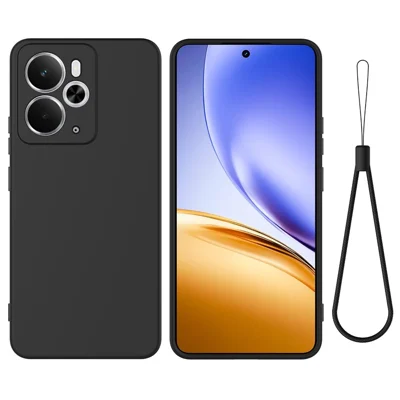 For Realme 14T 5G / Realme 14 5G Liquid Silicone Case Phone Back Cover with Hand Strap - Black