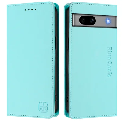 For Google Pixel 7a Leather Case RINACASIS RC01 Phone Cover with RFID Blocking Wallet Stand - Mint Green