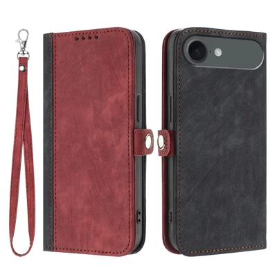 For iPhone Air PU Leather Case with Strap Phone Cover Stand Side Magnetic Button Design - Black+Red