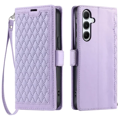 For Samsung Galaxy A15 5G  /  4G Leather Case Rhombus Texture Wallet Stand Phone Cover with Wrist Strap - Purple
