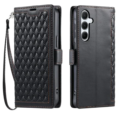 For Samsung Galaxy A24 4G (162.1mm) Leather Case Rhombus Texture Wallet Stand Phone Cover with Wrist Strap - Black