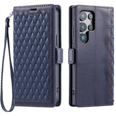 For Samsung Galaxy S25 Ultra Leather Case Rhombus Texture Wallet Stand Phone Cover with Wrist Strap - Blue