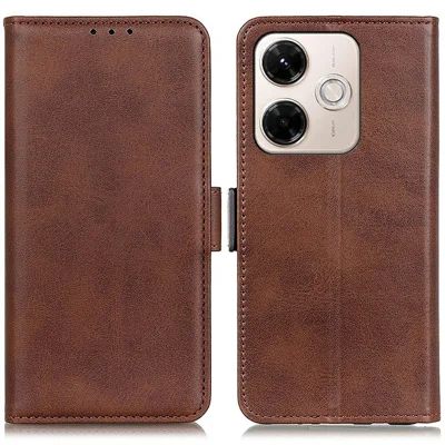 For Xiaomi Redmi 13x 4G Case Stand Cowhide Texture PU Leather Phone Cover - Brown
