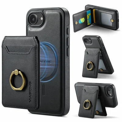 MAGKING K1 Series For iPhone 17e / 16e Magnetic Case PC + TPU + PU Phone Cover with Card Holder - Black