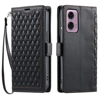 For Motorola Moto G24 4G  /  G04 4G Leather Case Rhombus Texture Wallet Stand Phone Cover with Wrist Strap - Black