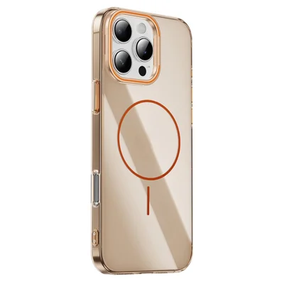 For iPhone 16 Pro Case Compatible with MagSafe Lens Frame Kickstand Clear PC Phone Cover - Transparent Gold