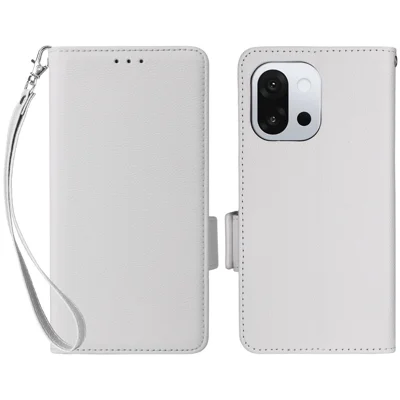 Til OnePlus 13T 5G hylse med håndledsrem Litchi struktur PU læder wallet telefonhylse - Hvid