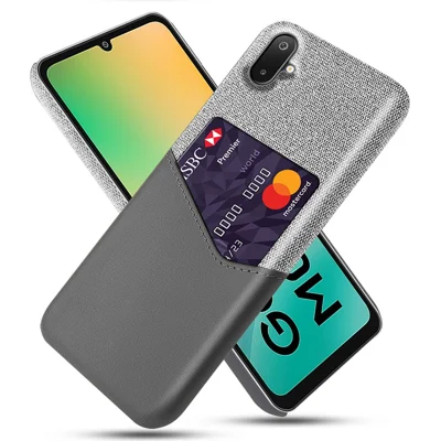 For Samsung Galaxy A06 5G / M06 5G Case PU Leather Cloth Texture Hard PC Phone Cover with Card Holder - Grey