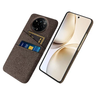 غطاء هاتف من القماش + بلاستيك بولي كربونات مقاوم لهاتف Realme 14 Pro 5G مع فتحتين للبطاقات - بني