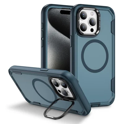 Fodral för iPhone 15 Pro kompatibel med MagSafe linsram med stöd TPU + PC chockabsorberande mobilskal - Safir + Blå