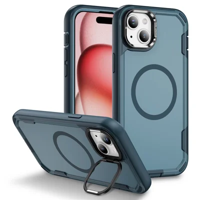 For iPhone 15 Hoesje Compatibel met MagSafe Lensframe Staander TPU + PC Stootvaste Telefoonhoes - Saflaai + Blauw