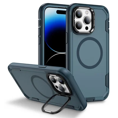 For iPhone 14 Pro Max Case Compatible with MagSafe Lens Frame Kickstand TPU + PC Shockproof Phone Cover - Sapphire + Blue