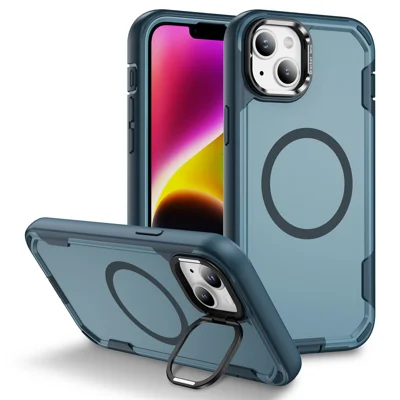 For iPhone 14 / 13 Case Compatible with MagSafe Lens Frame Kickstand TPU + PC Shockproof Phone Cover - Sapphire + Blue