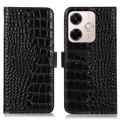For Xiaomi Redmi 13x 4G Case Crocodile Texture Genuine Cow Leather Phone Wallet Cover - Black