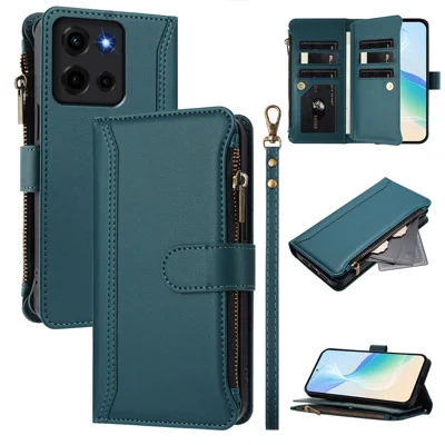 For Motorola Moto G 5G (2026) / G Play 5G (2026) / G 5G (2025) Leather Case 9 Card Slots Zipper Wallet Stand Phone Cover with Wrist Strap - Dark Green