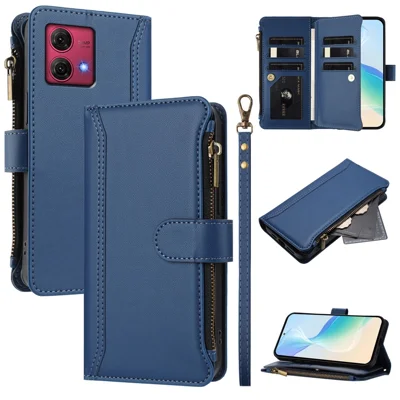 For Motorola Moto G84 5G Leather Case 9 Card Slots Zipper Wallet Stand Phone Cover with Wrist Strap - Dark Blue