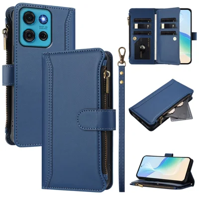 For Motorola Moto G75 5G Leather Case 9 Card Slots Zipper Wallet Stand Phone Cover with Wrist Strap - Dark Blue