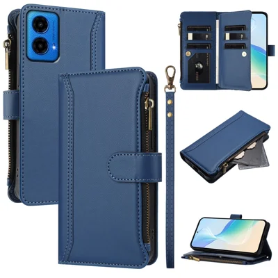 For Motorola Moto G34 5G / Motorola Moto G45 5G Leather Case 9 Card Slots Zipper Wallet Stand Phone Cover with Wrist Strap - Dark Blue