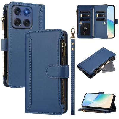 For Motorola Edge (2025) 5G / Motorola Edge 60 Fusion 5G Leather Case 9 Card Slots Zipper Wallet Stand Phone Cover with Wrist Strap - Dark Blue