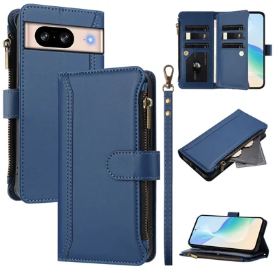 For Google Pixel 8 Leather Case 9 Card Slots Zipper Wallet Stand Phone Cover with Wrist Strap - Dark Blue