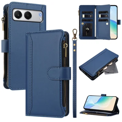 For OnePlus Nord 4 Leather Case 9 Card Slots Zipper Wallet Stand Phone Cover with Wrist Strap - Dark Blue