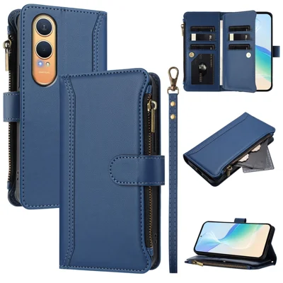 For Oppo K12x 5G (China) / OnePlus Nord CE4 Lite 5G Leather Case 9 Card Slots Zipper Wallet Stand Phone Cover with Wrist Strap - Dark Blue