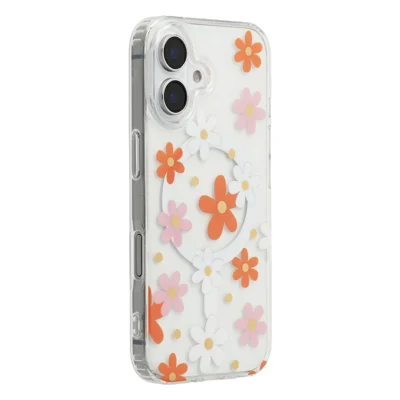 For iPhone 16 Plus Magnetic Case IMD Flower Pattern TPU + PC Clear Back Phone Cover - Style D