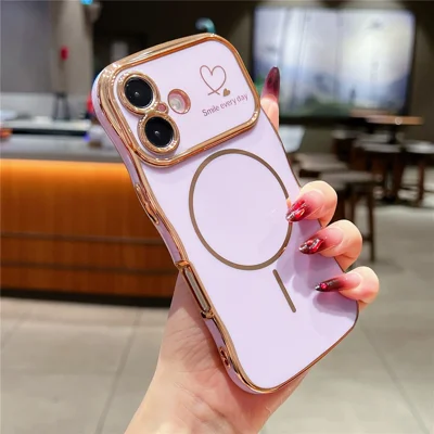 For iPhone 16 Magnetic Case Electroplating Wave Edge TPU Phone Cover Heart Pattern - Purple