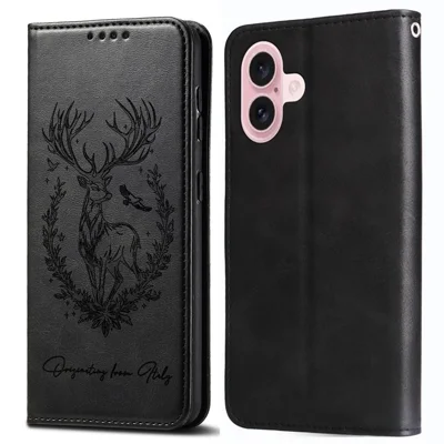 For iPhone 16 Stand Case Lucky Deer Imprinted Magnetic Closure Leather Wallet Phone Cover - Black