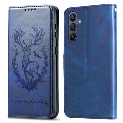 For Samsung Galaxy A55 5G Stand Case Lucky Deer Imprinted Magnetic Closure Leather Wallet Phone Cover - Blue