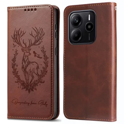 For Xiaomi Redmi Note 14 4G (164.84mm) Stand Case Lucky Deer Imprinted Magnetic Closure Leather Wallet Phone Cover - Brown