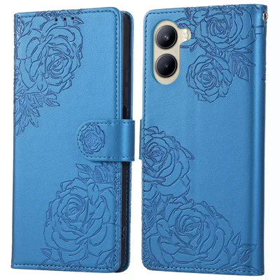 For Realme C33 4G / C33 2023 4G Case Rose Flower PU Leather Wallet Phone Cover with 3 Card Slots - Blue