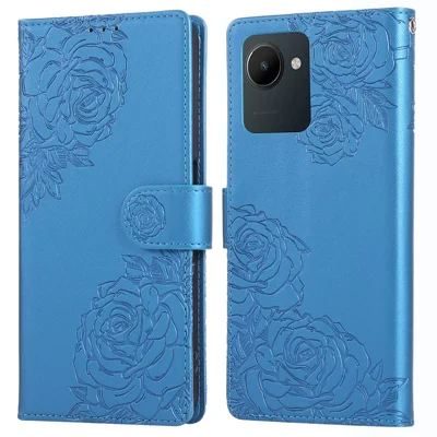 For Realme C30 4G / C30s 4G Case Rose Flower PU Leather Wallet Phone Cover with 3 Card Slots - Blue