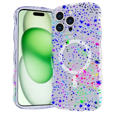 Magnetische hoes voor iPhone 15 Pro Max met golfrand en glitter TPU achterkant - Laser Star