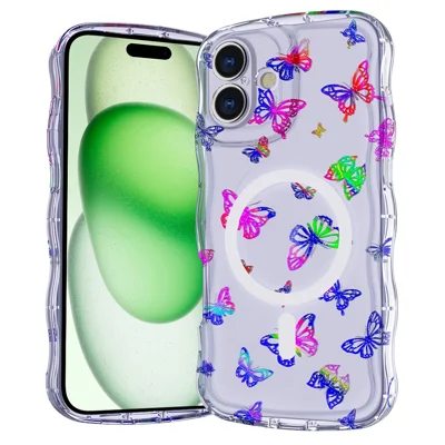 For iPhone 16 Magnetic Case Wave Edge Glitter TPU Phone Back Cover - Laser Butterfly