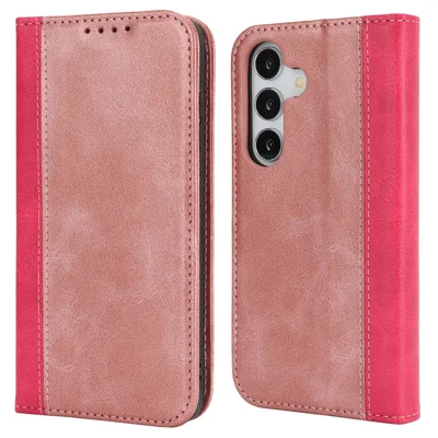 Samsung Galaxy S25 hoesje met kalfsstructuur, 3 kaartvakken, kleurcombinatie, lederen telefoonhoes - Roze goud + Roze