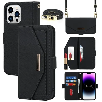 For iPhone 15 Pro Stand Case Cross Texture PU Leather Wallet Phone Cover with Shoulder Strap / Makeup Mirror - Black