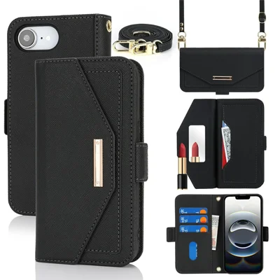 For iPhone 17e / 16e Stand Case Cross Texture PU Leather Wallet Phone Cover with Shoulder Strap / Makeup Mirror - Black