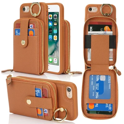 For iPhone SE (2022) / (2020) / 8 / 7 Case with Zipper Pouch / Ring Kickstand / Strap Litchi Texture PU + TPU Phone Cover - Brown