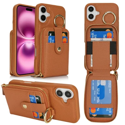 For iPhone 16 Plus Case with Zipper Pouch / Ring Kickstand / Strap Litchi Texture PU + TPU Phone Cover - Brown