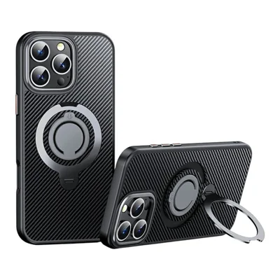 For iPhone 16 Pro Case Compatible with MagSafe Kickstand Carbon Fiber Texture PC + TPU Back Cover with Silicone Ring - Titanium Grey