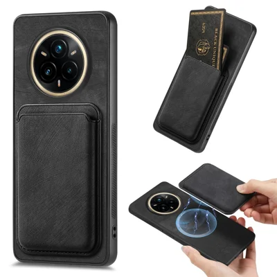 For Realme 14 Pro 5G Magnetic Case Leather Back Cover with Detachable Card Holder - Black