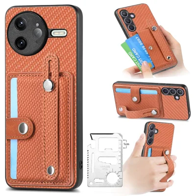 For Xiaomi Poco F7 Ultra 5G / Xiaomi Redmi K80 Pro 5G Case Carbon Fiber Texture Leather Phone Back Cover with Card Holder - Brown