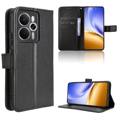 For Realme 14T 5G / Realme 14 5G Leather Wallet Case with Strap Diamond Texture Phone Cover - Black