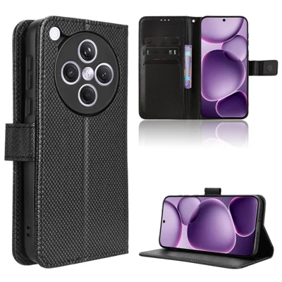 For Oppo Find X8s+ 5G Leather Wallet Case with Strap Diamond Texture Phone Cover - Black