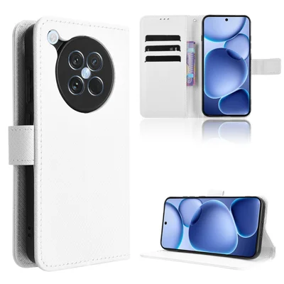 For Oppo Find X8s 5G Leather Wallet Case with Strap Diamond Texture Phone Cover - White