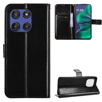 For Motorola Moto G Stylus 5G (2025) / Motorola Edge 60 Stylus 5G PU Leather Case with Strap Crazy Horse Texture Phone Wallet Cover - Black